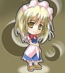  1girl blonde_hair female kukyo lotus_land_story lowres maid mugetsu ribbon short_hair smile solo touhou touhou_(pc-98) yellow_eyes 