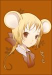  1girl animal_ears blonde_hair bow brown brown_eyes face long_hair lowres mouse_ears original ponytail ribbon solo terettu 