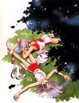  2girls 80s can coca-cola grass grey_hair kobayakawa_luka kobayakawa_lumi lying multiple_girls on_back on_stomach shinohara_chie shoes shoes_removed siblings sisters sleeping sneakers sportswear towel twins umi_no_yami_tsuki_no_kage 