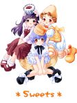  3girls :d animal_hat apron between_legs bisuke-tan blush brown_hair curly_hair dress flower frilled_sleeves frills full_body hair_flower hair_ornament hand_between_legs hat kfc knees_together_feet_apart looking_at_viewer mary_janes multiple_girls nekomata_naomi nekomataya object_on_head open_mouth orange_legwear parted_lips puffy_short_sleeves puffy_sleeves purple_hair red_dress red_eyes shoes short_hair short_sleeves simple_background sleeves_past_elbows smile socks striped striped_legwear thigh-highs violet_eyes white_background white_dress white_legwear zettai_ryouiki 