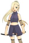  1girl :d bandage bangs bare_shoulders bike_shorts blonde_hair blue_eyes blush breasts buttons cowboy_shot crop_top earrings elbow_pads fishnets hair_ornament hair_over_one_eye hairclip halterneck high_ponytail holding jewelry katana knee_pads long_hair midriff naruto naruto_shippuuden ninja open_mouth pencil_skirt ponytail pouch sheath sheathed simple_background skirt small_breasts smile solo standing sword teramoto_kei thigh_strap turtleneck very_long_hair weapon white_background yamanaka_ino 
