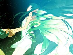  1girl angel chuuou_higashiguchi dress game_cg green_eyes green_hair long_hair sakisaka_fuminori saya saya_no_uta solo very_long_hair white_dress wings wrist_grab 