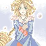  1girl :d blonde_hair blue_background blue_dress blush braid breasts cleavage collarbone dress fur_trim green_eyes hand_on_own_chest jewelry lady_pearl legend_of_mana long_hair looking_at_viewer lowres necklace open_mouth pearl pendant seiken_densetsu simple_background single_braid small_breasts smile solo upper_body very_long_hair 