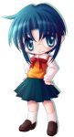  00s 1girl blue_hair chibi ciel glasses green_eyes hands_on_hips lowres school_uniform simple_background solo tsukihime 