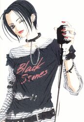  1girl belt black_hair clothes_writing collar earrings jewelry lipstick makeup microphone microphone_stand nail_polish nana_(manga) nana_(series) official_art one_eye_closed oosaki_nana osaki_nana piercing punk red_nails ring safety_pin shirt short_hair simple_background solo striped striped_shirt wink yazawa_ai 