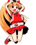  1girl akazutsumi_momoko arms_up belt bow bracelet dress fingerless_gloves gloves hair_bow hyper_blossom jacket jewelry long_hair open_mouth orange_hair outstretched_arms ponytail powerpuff_girls powerpuff_girls_z red_eyes shoes simple_background smile solo white_background yuu_(kfc) 