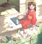  1girl bamboo bangs blunt_bangs book bow brown_eyes brown_hair bucket cup fan fence from_above hair_bow hair_ornament holding incense iuro japanese_clothes kettle kimono looking_up obi paper_fan plant porch potted_plant red_bow sandals sash sitting smile solo sunlight tatami twintails uchiwa veranda yukata yunomi 