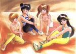  4girls 80s ayukawa_madoka black_hair blonde_hair brown_hair glasses hiyama_hikaru kasuga_kurumi kasuga_manami kimagure_orange_road leotard multiple_girls official_art oldschool pantyhose takada_akemi twintails yellow_legwear 