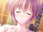  1girl blush book brown_hair canvas_2 closed_eyes desk game_cg incoming_kiss indoors kikyou_kiri kiss leaf nanao_naru short_hair solo 