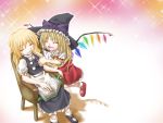 2girls ^_^ aozora_market blonde_hair buttons chair closed_eyes crystal demon_wings female flandre_scarlet full_body hat kirisame_marisa lowres mary_janes multiple_girls open_mouth red_skirt shoes sitting skirt sleeping sleeping_upright socks touhou white_legwear wings witch witch_hat 