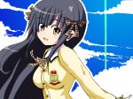  1girl arin black_hair blazer blue_sky blush brown_eyes emblem long_hair long_sleeves looking_at_viewer open_mouth pangya school_uniform sks_(artist) sky solo uniform wind 