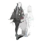  1girl alice_hazel birdcage bomber_jacket cage doll gothic highres jacket long_hair metal_gear_(series) monochrome official_art pantyhose solo spot_color 