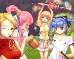  4girls aisha_callaaisha animal_ears arin blonde_hair blue_eyes blue_hair bow cat_ears cecilia cecilia_(pangya) china_dress chinese_clothes choker club dress glasses golf_club hairband hammer hana hana_(pangya) kooh multiple_girls one_eye_closed pangya pink_hair ponytail red_eyes ribbon shirt short_hair short_twintails skirt smile spiked_club star twintails wand weapon wink 