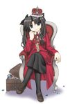  1girl black_hair blue_eyes chin_rest coat crown fate/stay_night fate_(series) gem hat kanzaki_karuna legs_crossed pantyhose red_coat sitting solo throne tohsaka_rin treasure_chest twintails two_side_up 