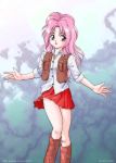  1girl :d android_announcer_maico_2010 boots jewelry knee_boots long_hair looking_at_viewer maico maico_(maico_2010) necklace open_mouth pink_hair pleated_skirt red_eyes red_skirt shirt short_sleeves skirt smile solo standing vest white_shirt 