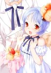  birthday bisuke-tan blue_hair colonel_sanders food food_as_clothes fruit kfc nekomata_naomi nekomataya object_on_head strawberry string_tie 