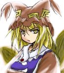  1girl angry blonde_hair female fox_tail hat kukyo lowres multiple_tails oekaki pillow_hat short_hair solo tail touhou white_background yakumo_ran yellow_eyes 