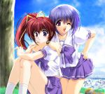  2girls bow comic_party cosplay crossover haga_reiko hayase_mitsuki hayase_mitsuki_(cosplay) headshop kimi_ga_nozomu_eien multiple_girls photoshop purple_hair school_uniform serafuku suzumiya_haruka suzumiya_haruka_(cosplay) takase_mizuki yellow_bow 