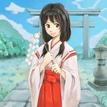  1girl black_hair blush gohei hakama japanese_clothes long_hair miko original red_hakama shide smile solo stone_lantern torii 