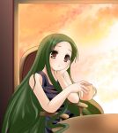  1girl brown_eyes chair cup dress green_hair long_hair mug namamo_nanase sky solo suzumiya_haruhi_no_yuuutsu table tsuruya very_long_hair window 