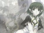  1girl :o bangs breasts character_name cleavage close-up copyright_name dress face green_eyes green_hair grey_background ico parted_lips pointy_ears robe see-through short_hair short_sleeves solo white_dress yorda zoom_layer 