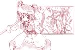  1girl female flower grin hair_bobbles hair_ornament index_finger_raised leaning_forward monochrome onozuka_komachi red scythe smile solo spider_lily touhou twintails 