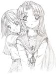  2girls asakura_ryouko graphite_(medium) kinagi_yuu monochrome multiple_girls school_uniform serafuku suzumiya_haruhi suzumiya_haruhi_no_yuuutsu traditional_media 