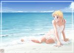  barefoot beach blonde_hair blue_eyes feet iuro long_hair original water wet 