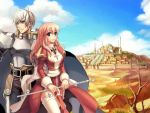  1boy 1girl armor belt bow cape clouds cross dress frilled_legwear frills garter_belt garters greek_cross high_priest jewelry long_hair necklace official_art paladin paladin_(ragnarok_online) pink_hair priest ragnarok_online scenery sky smile staff thigh-highs violet_eyes white_hair white_legwear 