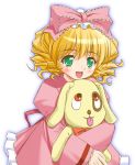  00s 1girl blonde_hair blush bow dress drill_hair green_eyes hair_ribbon hina_ichigo hug kunkun looking_at_viewer open_mouth pink_bow pink_dress ribbon rozen_maiden shiumai simple_background smile solo stuffed_animal stuffed_toy 