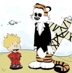  1boy blonde_hair calvin calvin_&amp;_hobbes cat_tail cosplay crossover hands_on_hips hobbes nicholas_d_wolfwood nicholas_d_wolfwood_(cosplay) open_mouth parody spiffybug tail trigun vash_the_stampede vash_the_stampede_(cosplay) 