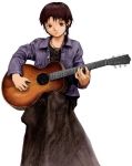  90s abe_yoshitoshi acoustic_guitar brown_eyes brown_hair guitar hair_ornament hairclip instrument iwakura_lain jewelry necklace official_art serial_experiments_lain short_hair 