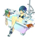  1girl 2no android bath bathtub bikini blue_hair brown_eyes cyborg headphones ninomoto original solo swimsuit 