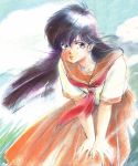  1girl 80s ayukawa_madoka black_hair blue_eyes kimagure_orange_road long_hair long_skirt oldschool school_uniform serafuku skirt solo takada_akemi 