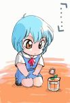  1girl ayanami_rei blue_hair chibi flower lowres neon_genesis_evangelion red_eyes school_uniform short_hair solo staring 