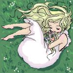  1girl barefoot blonde_hair dress feet flower grass hanamoto_hagumi honey_and_clover long_hair lowres lying outdoors sleeping solo toes 