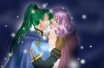  2girls cape cloak earrings eye_contact fire_emblem fire_emblem:_rekka_no_ken florina florina_(fire_emblem) gloves green_eyes green_hair hands_together happy high_ponytail hug incipient_kiss jewelry long_hair looking_at_another lyndis_(fire_emblem) multiple_girls naughty_face pegasus_knight pink_hair ponytail purple_hair smile snow snowing yuri 