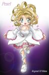  1girl :d between_breasts blonde_hair character_name copyright_name crystal dress engrish glint green_eyes hair_rings lady_pearl legend_of_mana long_sleeves looking_at_viewer open_mouth pearl ranguage seiken_densetsu shoes smile solo white_dress white_shoes 