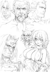  3girls 4boys :q animal_ears aruruw asanagi batman batman_(cosplay) batman_(series) benawi blush braid breast_hold breasts chains chibi cleavage collar cosplay dc_comics erect_nipples eruruw facial_hair goatee hakuoro horns huge_breasts karura_(utawareru_mono) kurou_(utawareru_mono) large_breasts long_hair mask monochrome mukkuru multiple_boys multiple_girls mustache niwe_(utawareru_mono) no_bra open_mouth parody pointy_ears short_hair single_braid sketch tiger tongue tongue_out upper_body utawareru_mono 