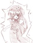  1girl braid chinese_clothes clenched_hands cowboy_shot female hat hong_meiling kiku_hitomoji long_hair monochrome neck_ribbon one_eye_closed open_mouth puffy_short_sleeves puffy_sleeves ribbon short_sleeves solo star the_embodiment_of_scarlet_devil touhou twin_braids white_background 