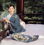  asian dress japanese_clothes kimono milf obi photo print_dress print_kimono sash sitting smile tabi white_legwear 