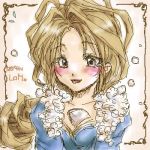  1girl :p beige_background between_breasts blonde_hair blue_dress blush brown_eyes crystal dress lady_pearl legend_of_mana lowres pearl seiken_densetsu sitting solo tongue tongue_out upper_body 