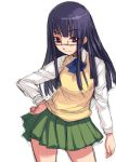  1girl blue_hair bosshi futabu glasses hand_on_hip hips long_hair oohashi_sumika red_eyes school_uniform serafuku simple_background sketch skirt smile solo sweater sweater_vest vest 