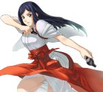  00s 1girl blue_hair green_eyes gun hakama japanese_clothes kuga_natsuki miko my-hime red_hakama simple_background solo tanaka_shoutarou tasuki weapon white_background 