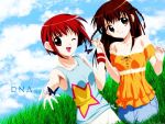  2girls bare_shoulders braid brown_eyes brown_hair butterfly dnangel hand_holding harada_riku harada_risa long_hair multiple_girls open_mouth red_eyes redhead short_hair siblings sisters sky sleeveless smile tank_top twins wallpaper wink 