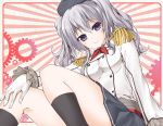  1girl :&gt; beret curly_hair epaulettes from_below gloves grey_eyes hat kantai_collection kashima_(kantai_collection) long_hair looking_at_viewer looking_down pleated_skirt silver_hair skirt smile solo twintails white_gloves yuugo_(atmosphere) 