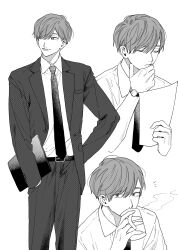  1boy absurdres ayukawa763 belt breast_pocket clipboard closed_mouth collared_shirt commentary_request cropped_torso cup dress_pants dress_shirt drink drinking drinking_glass feet_out_of_frame formal greyscale hand_on_own_chin highres holding holding_clipboard holding_cup holding_paper jacket lapels long_sleeves looking_at_viewer looking_to_the_side male_focus monochrome multiple_views necktie notched_lapels open_clothes open_jacket original pants paper pocket shirt shirt_tucked_in short_hair simple_background steam suit suit_jacket teacher upper_body watch watch white_background 
