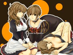  3girls brown_hair cleavage eyebrows_behind_hair hand_on_own_thigh lying lying_on_back maid_apron smile tagme umineko_no_naku_koro_ni ushiromiya_natsuhi wavy_hair when_they_cry_3 