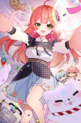  1girl 35p_(sakura_miko) :3 ahoge badge bed bed_sheet black_overskirt blue_skirt blurry blush button_badge cleavage_cutout clothing_cutout collared_shrug doll dress earrings flower_earrings food frilled_shrug green_eyes hair_ornament hairclip hana_s highres hololive hoshimachi_suisei itabag jewelry lens_flare long_hair long_sleeves looking_at_viewer official_alternate_costume on_bed open_mouth overskirt pink_hair pleated_skirt rainbow reaching reaching_towards_viewer sakura_miko sakura_miko_(street) short_dress shrug_(clothing) skirt smile solo_focus strapless strapless_dress striped_clothes striped_skirt stuffed_toy taiyaki vertical-striped_clothes vertical-striped_skirt virtual_youtuber wagashi 