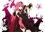  bad_id blue_eyes breasts deer dress elbow_gloves flugelhorn garters gloves hair_ornament hairband hatsuko highres instrument large_breasts long_hair megurine_luka pearl pearl_necklace pink_hair side_slit solo star very_long_hair vocaloid white 